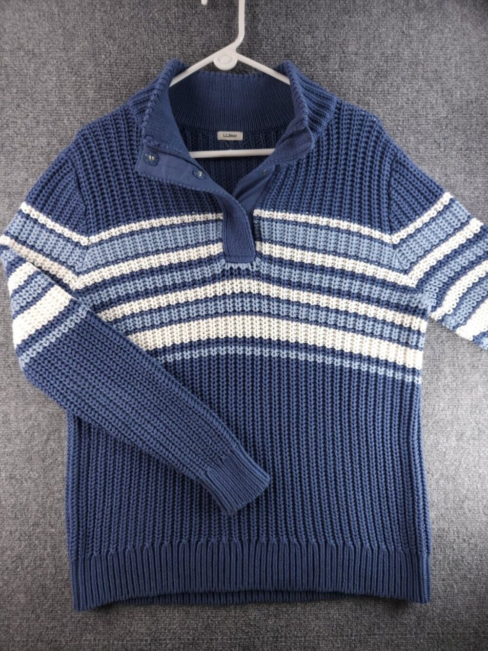 LL Bean 1/4 Snap Chunky Knit Sweater Cotton Blue Gray White Heavyweight ~large